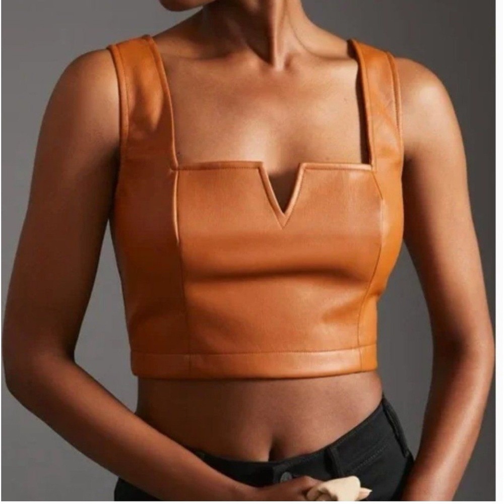 ANTHROPOLOGIE Maeve Faux Leather Notch‎ Tank Cognac Brown Cropped Size 10